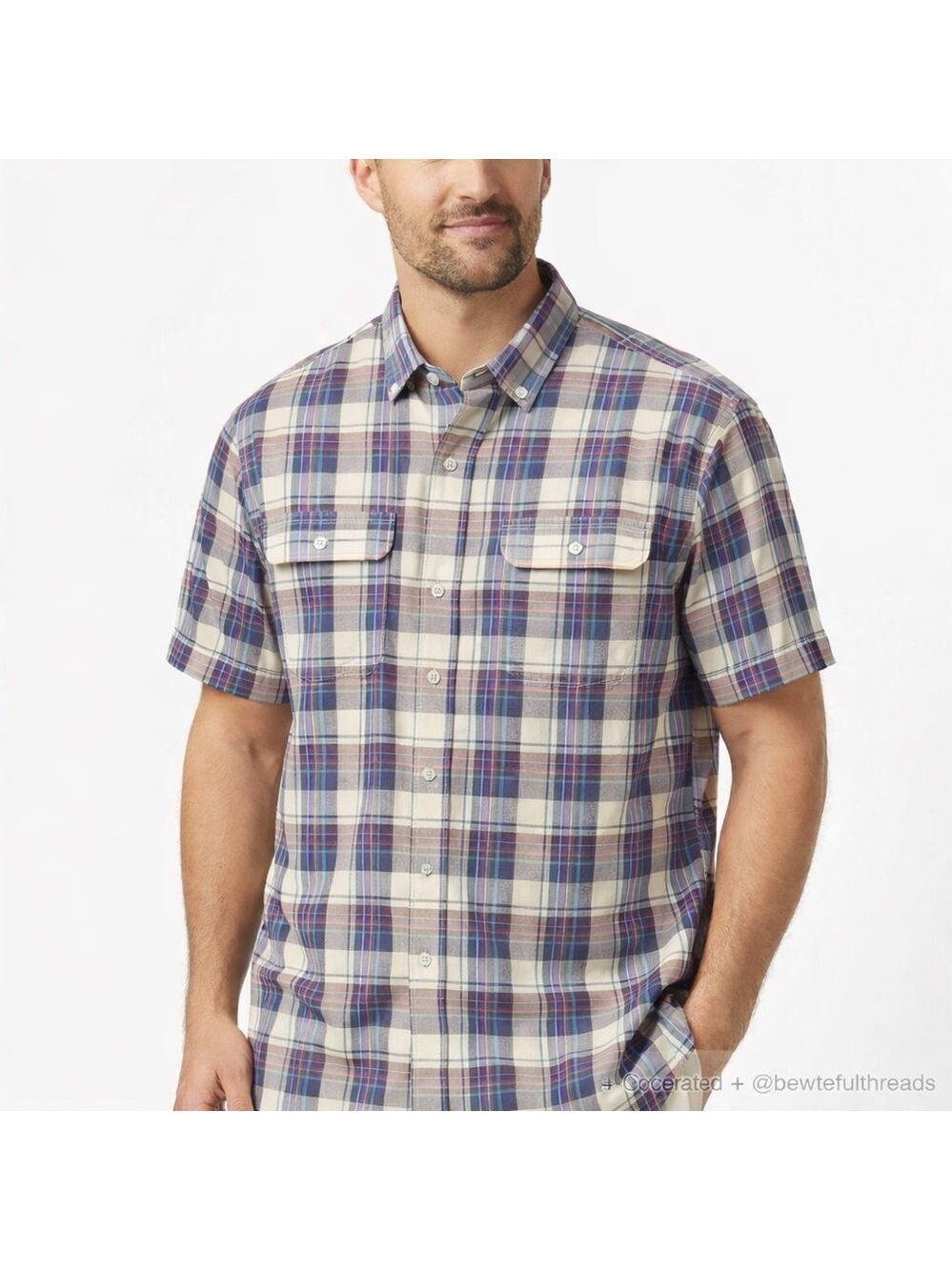 Coastal Resort Plaid Silk Cotton Camp Shirt Relaxed Fit XL Summer
